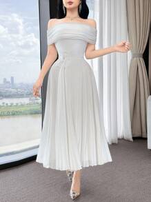 Feyla Đầm trễ vai thanh lịch màu trơn dành cho nữ có họa tiết hoa 3D và viền xếp ly - trắng - Xem 4