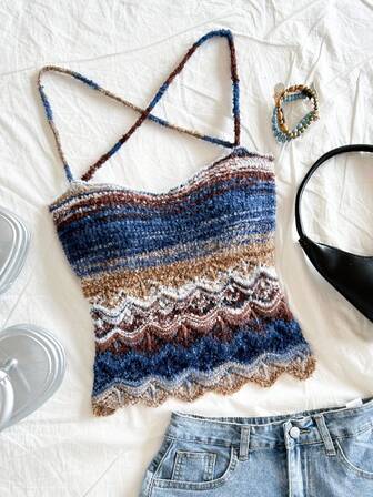 Soleia Plus Size Women Vintage Casual Strap Brown Ombre Backless Tie-Up Knit Sweater Knitted Tops Knit Tank Top Knit Top Women Crochet Tank Top Summer Tops