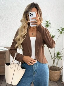 SHEIN LUNE 休闲女式短款纹理咖啡色西装外套 棕色西装外套 女式棕色夹克 女式浅棕色西装外套 女式棕色西装外套 秋季女装 秋季商务休闲女装 办公室女装 工作女装 秋季女装 秋季女装 秋季机场女装 商务休闲女装 棕色西装外套，休闲 - 咖啡棕 - 查看 3