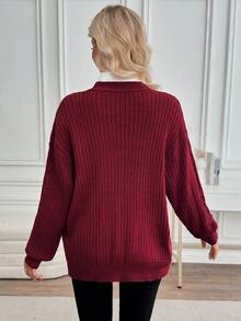 EMERY ROSE 秋冬休闲百搭纯色针织开衫 - 酒紅色 - 查看 2
