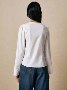 Poéselle 女士系带束腰衬衫 白色长袖衬衫 女士上衣 女士纯色V领系带泡泡袖束腰衬衫 秋季上衣 冬季上衣 秋季外出上衣 Y2K - 白色 - 查看 7