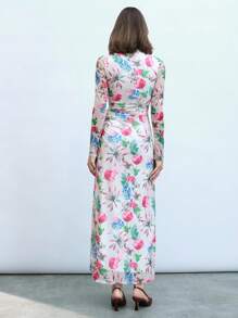 Maija 女式杏色花卉印花网眼连衣裙，优雅性感度假装，圆领，长袖，简约日常风格 - 粉色 - 查看 11