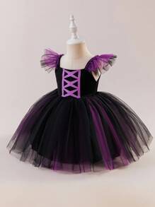Glamorique Kids Girls' Princess Dress, Halloween Black And Purple Contrast Mesh Floral Dress, Small Flying Sleeves, Halloween Costume, Halloween Dress-Up Costume, Autumn Dress, Birthday Party Dress, Seasonal Mesh Dress, Knitted Camisole Dress, COS Costume Fall Winter