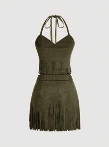 SHEIN MOD 大码女式复古嬉皮铆钉流苏绿色麂皮 A 字裙、纳什维尔服装、海盗裙、复古绿色麂皮流苏无袖上衣、音乐节套装、西部女装 - 軍綠色 - 查看 2