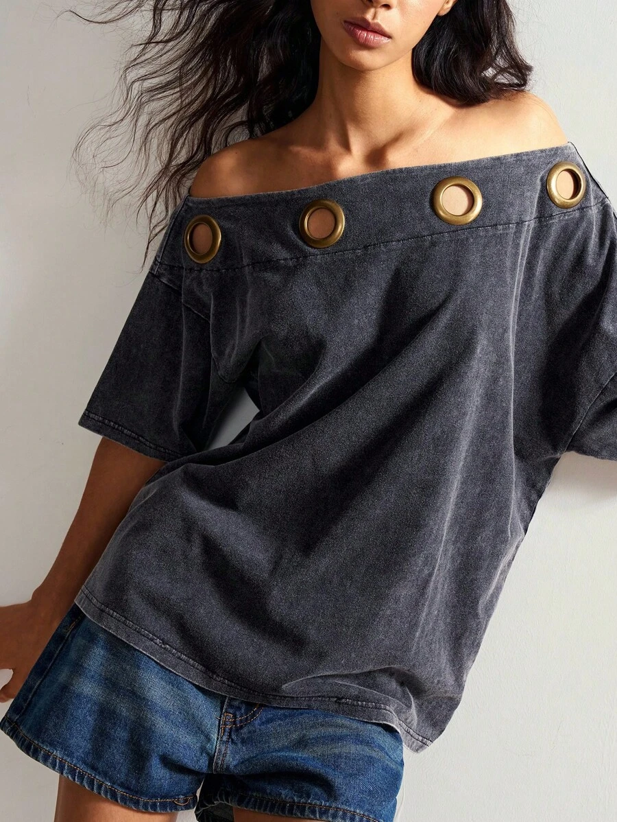 Bohemela 女士休闲纯色针织不对称领口宽松T恤 - 黑色 - 查看 1