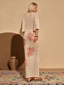 Bóhologie Women Button Front Hollow Out Cardigan And Knit Cover Up Skirt 2pcs Set - Beige - View 2