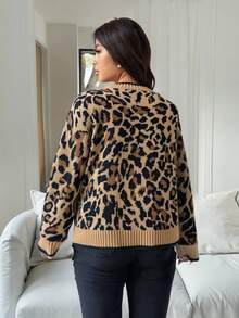 Vionelle Cardigan tricotat cu imprimeu leopard francez și fundă, mărime mare pentru femei, pulover cu mânecă lungă, casual la modă, versatil, toamnă/iarnă