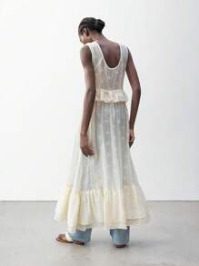 Maija Women's Apricot Summer Apparel, V-Neck Front Tie Ruffle Textured Embroidered Floral Fabric, Double Ruffle Hemline Tie Waist Sleeveless Elegant Fashionable Sexy Minimalist Bohemian Hawaiian Beach Resort Style Long Tank Top - Apricot - View 6