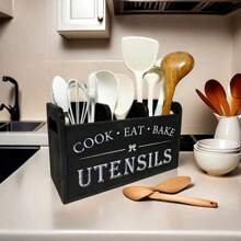 SHEIN Rustic Wooden Kitchen Utensil Holder | 1pc | Wood Material | 3-Compartment Storage Box, Countertop & Wall-Mounted Organizer | Kitchen Accessories For Cook, Eat, Bake Tools |