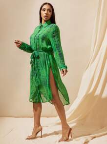 Vixey 扎染透明褶皱雪纺长款纽扣领长袖衬衫，女式，绿色度假，度假上衣 - 彩色 - 查看 5