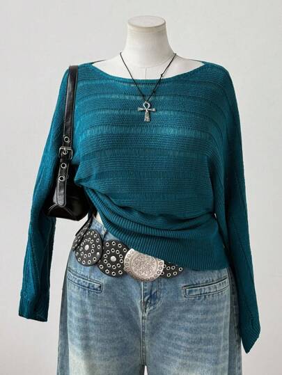 Sweetra Plus Size Women's Y2K/Boho Style Hollow Out Mint Blue Knitted Sweater, Suitable For Vacation, Suitable For All Seasons Fall Winter  Vintage Autumn