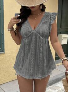 Breezaya 大码度假休闲纯色纹理盖袖T恤 - 灰色 - 查看 3