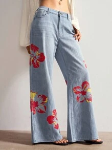 Bohemela BOHO 休闲宽松阔腿印花女牛仔裤 - 藍色 - 查看 5