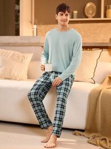 Manfinity Underwear&Sleepwear Basics 男士纯色长袖上衣和格子长裤家居服套装 - 薄荷藍 - 查看 1