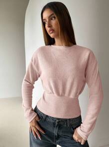 Aloruh Camiseta de manga larga de unicolor con cuello redondo, cintura ceñida y piel sintética para mujer - Rosa vieja - Ver 3