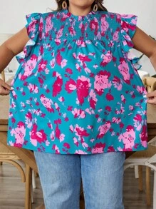 SHEIN CURVE+ 加大码花卉印花荷叶边下摆度假休闲衬衫 加大码花卉上衣 加大码夏季衬衫 女式花卉上衣 女式夏季上衣 8xl 女式上衣，开学秋季女装，冬季，CURVE PLUS - 彩色 - 查看 5