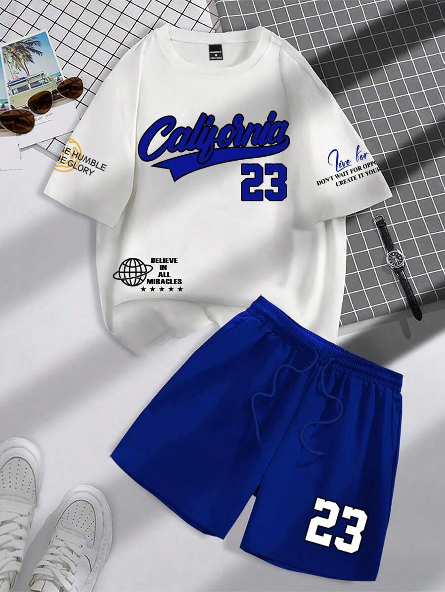 Manfinity Campus Court Men's Letter & Number Print Crew Neck Short Sleeve T-Shirt And Drawstring Shorts Set - Blue and White - View 1