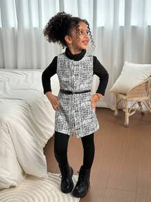 SHEIN Young Girl Spring/Autumn Casual All-Over Print Vest Jacket.Mom And Daughter Matching,  Girls Tweed Dress - Black and White - View 6