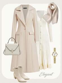 Ellevyn 女士优雅缺口领长款羊毛大衣，带口袋，适合街头、通勤和多场合穿着，秋季 - 杏色 - 查看 1