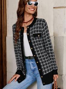 SHEIN Clasi Cardigan cu mânecă lungă în carouri pentru damă, decorat cu nasturi, pulover elegant de toamnă Cardigan pentru femei, topuri cu mânecă lungă