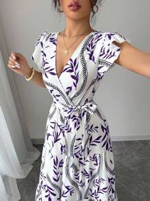 Elenzga 优雅休闲荷叶边短袖 A 字长裙，带有随机蓝白花卉印花，适合工作、海滩、派对 - 紫色 - 查看 3