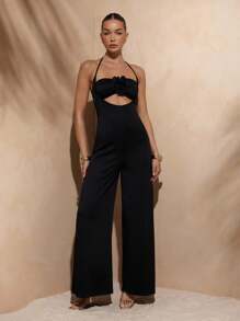 Hauture Macacão feminino de cor sólida com decote halter e decoração de flores 3D, adequado para o verão - Preto - Ver 3