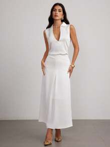 Modelyn 2pcs/Set Relaxed Casual Solid Color Sleeveless Top And Skirt Set - White - View 6
