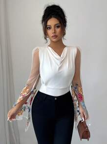 Elenzga 女式夏季时尚优雅领口设计荷叶边分层网眼刺绣拼接纯色黑色百搭长袖喇叭袖白色紧身衣 - 杏色 - 查看 3