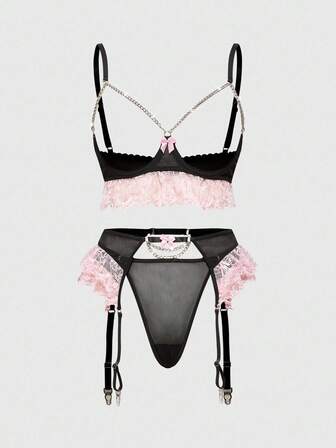 Grunge Punk Set de 3 piezas de lencería sexy con sostén con aros, tanga y liguero en estilo gótico punk con encaje de contraste de colores y moño