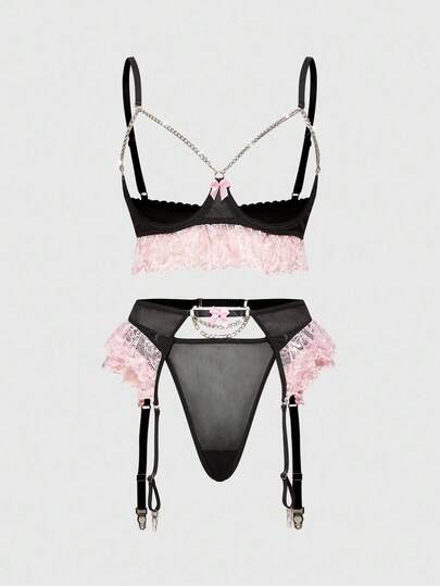 Grunge Punk 3pcs/Set Gothic Punk Style Net Lace Contrast Color Bowknot Underwired Bra, Thong And Garter Belt Sexy Lingerie Set