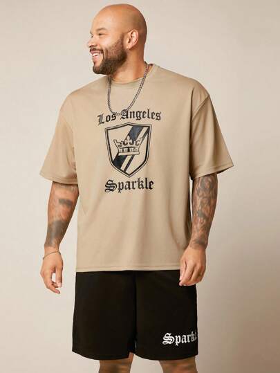 EASEVO 大码男士两件套宽松图案印花圆领短袖上衣和短裤运动套装，夏季