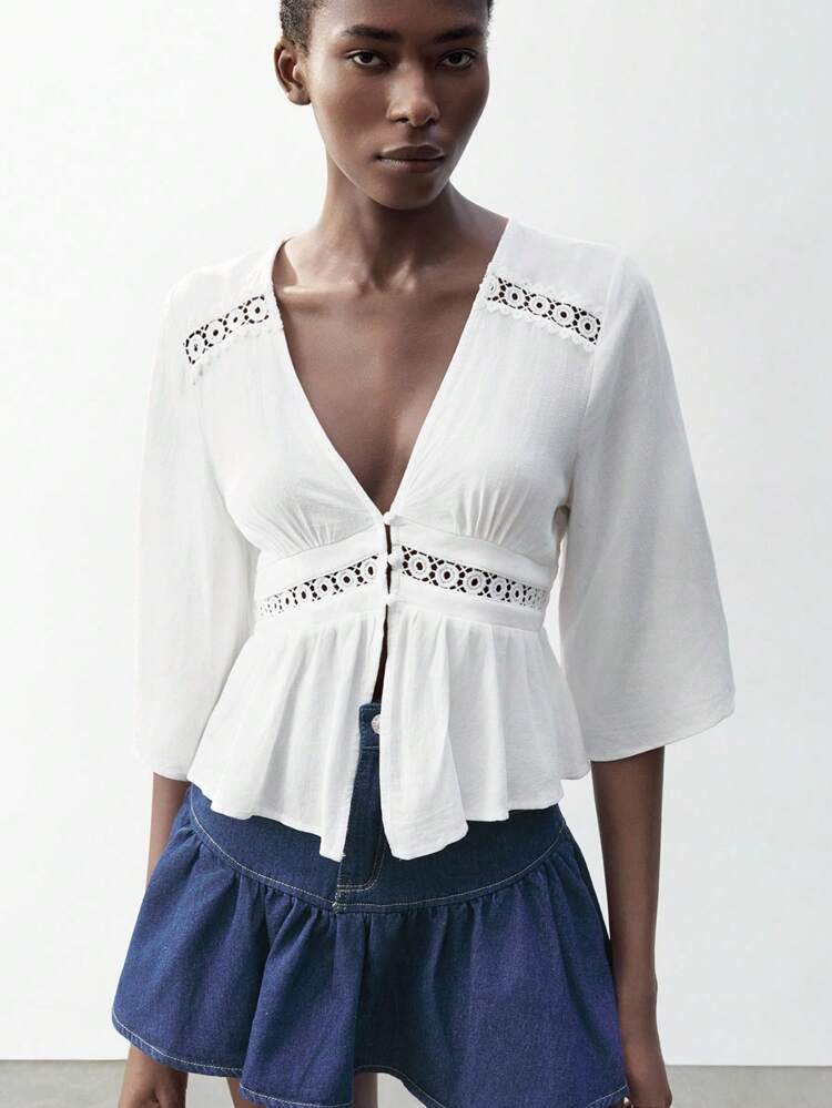 SHEIN Maija Women's White Button-Front Lace Patchwork Casual Beach Vacation Boho Style Plain Loose Mid-Sleeve Blouse, Suitable For St.Patrick's Day, Spring Break, Easter, Music Festival Back To School Funny Shirt Business Casual Woman Going Out Top Women Going Out Top Going Out Going Out Top For Going Out Cute