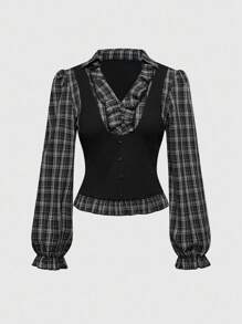 ROMWE Fall Women Skirts Back To School Gothic College Plaid Patchwork Mock 2 Pieces Women Long Sleeve Blouse
