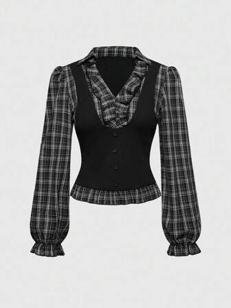 Goth Back To School Gothic College Plaid Patchwork Mock 2 Pieces Women Long Sleeve Blouse
