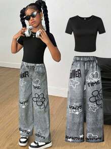 Tween Girl Black Short Sleeve T-Shirt With English Letter & Star Print, Black Pants 2 Pieces Set