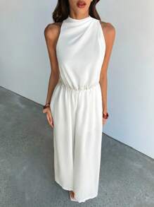 Aloruh Women's Pleated Sleeveless Wide Leg White Linen Jumpsuit - White - View 8