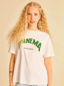 CAJUNI 女士绿色字母印花休闲度假白色T恤