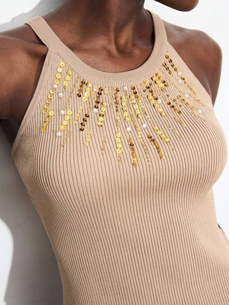 Maija 女士米色彩色亮片夏季针织上衣，百搭，优雅，时尚，派对装，合身，刺绣亮片浪漫别致法式游艇巡航基本款上衣，派对秋季 - 卡其色 - 查看 1