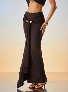 Hauture Women's Sexy Ruched Front Drape Detail Maxi Skirt With Stylish Metal Decor For Vacation, Party - Brown - View 5