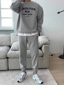 DAZY Grey Men's Letter Print Design Pullover Sweatshirt Set, Autumn - Grey - View 1