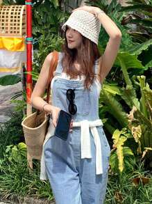 DAZY 高腰修身浅蓝色直筒牛仔背带裤女款阔腿及地裤 - 淺色水洗藍 - 查看 6