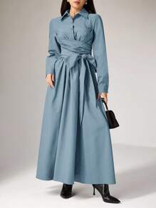 Heiryn Váy phong cách Ả Rập màu trơn thanh lịch dành cho nữ khi đi làm - Màu xanh lam - Xem 4