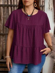 EMERY ROSE 加大码女式纯色圆领荷叶边短袖宽松衬衫，波西米亚风夏季，西部女装，度假