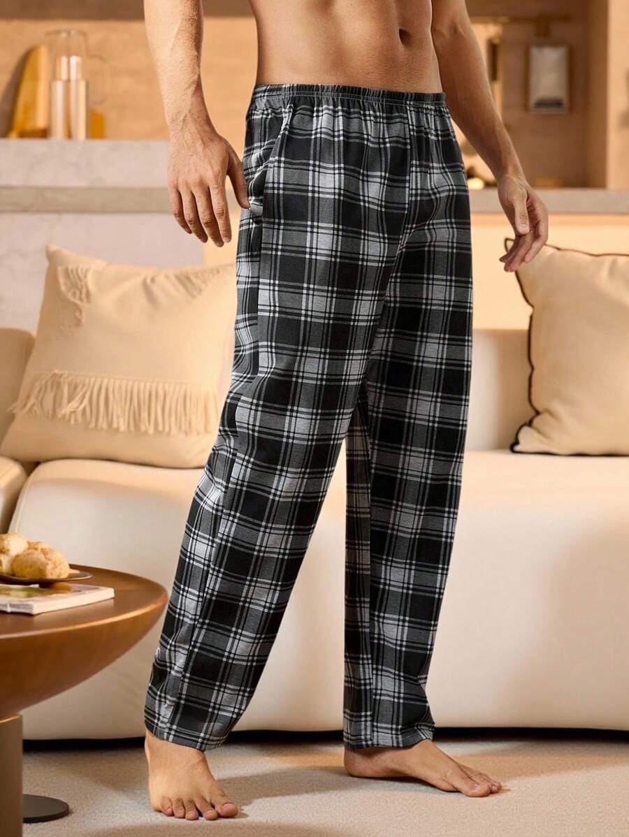 Men's Casual Plaid Lounge Pants, For Autumn, Fall, Winter