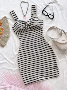 Soleia Casual Vacation Western Beach Wedding Guest Graduation Brunch Dress, Elegant Boho Tropical Striped Twist Mini Dress, Suitable For St. Patrick's Day, Spring Break, Easter, Music Festivals Striped Dress Knit Dress Summer Dress Bodycon Dress Black And White Striped Dress