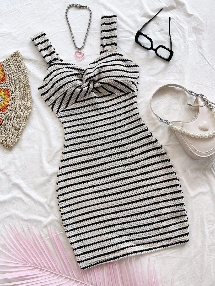 Soleia Casual Vacation Western Beach Wedding Guest Graduation Brunch Dress, Elegant Boho Tropical Striped Twist Mini Dress, Suitable For St. Patrick's Day, Spring Break, Easter, Music Festivals Striped Dress Knit Dress Summer Dress Bodycon Dress Black And White Striped Dress