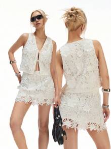 LYSMO Minimalism Summer 2025 New Arrival  Women's Embroidered Button-Up Shirt And Skirt Set White Crochet Short Set  Resort Wear For Going Out Outfits, Back To School, Graduation, Streetwear And Stockholm Style, Edgy Clothes Woman And Unique Clothes