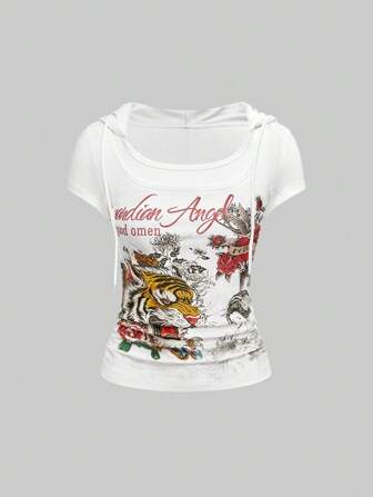 Grunge Punk Y2K Retro Sexy Tiger Vine Faux Tattoo Print Mock Neck Tight Fit Women T-Shirt