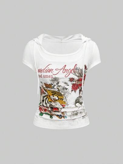 Grunge Punk T-shirt moulant pour femmes avec col montant, imprimé de fausse tatouage de vigne de tigre rétro sexy style Y2K