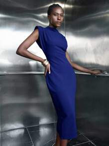 Maija Women's Blue Wide Shoulder Sleeveless Sheath Dress, Versatile Elegant Design Suitable For All Seasons, Comfortable Warm Shoulder Design With Hidden Zipper, Mid-Length Slit Hem, Business Casual Dress For Women,Autumn Outfits For Women, Christmas Women's Clothing